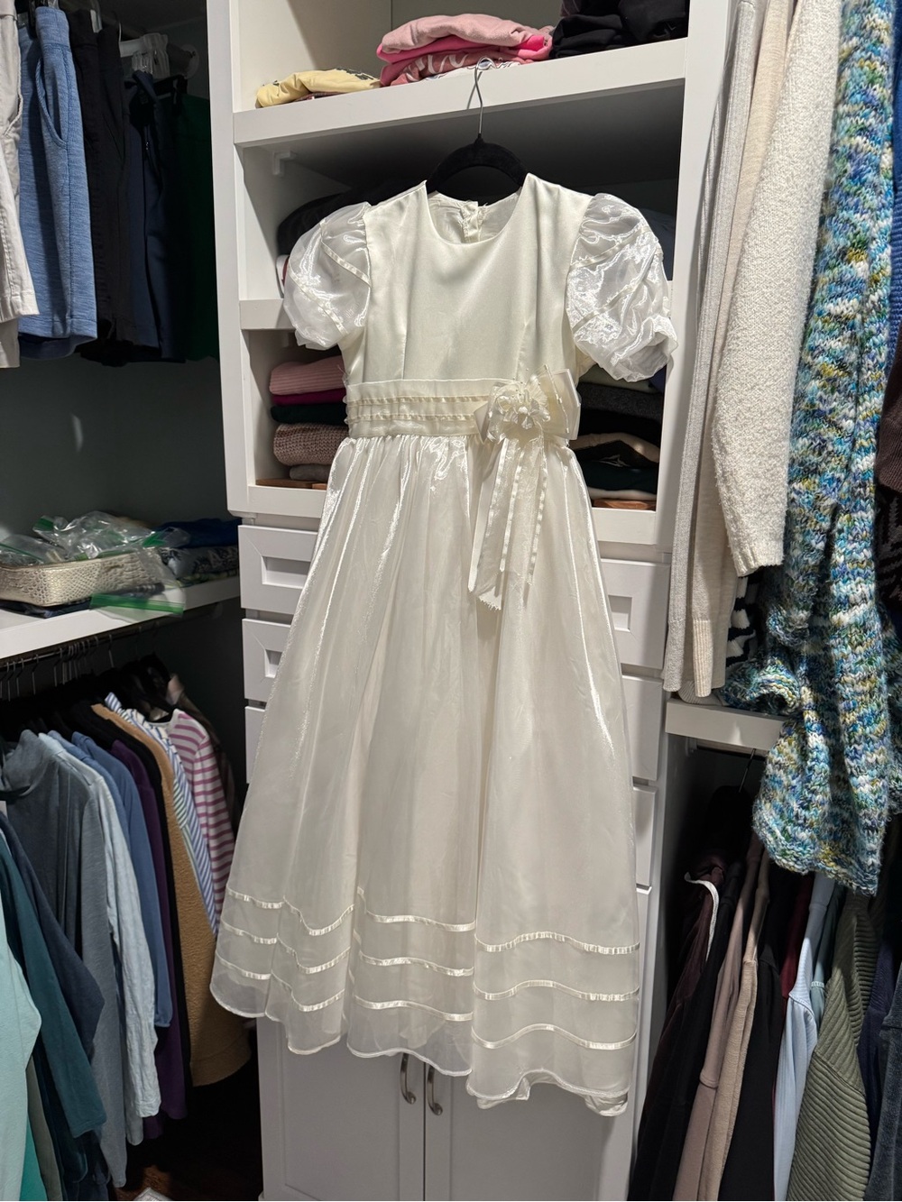 Ivory Puff-Sleeve Girls' Special Occasion Dress with Sash